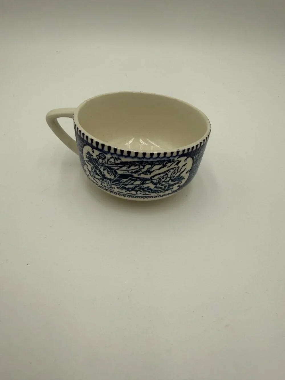 Vintage Currier & Ives Blue White Ceramic Tea cup Coaching Scene